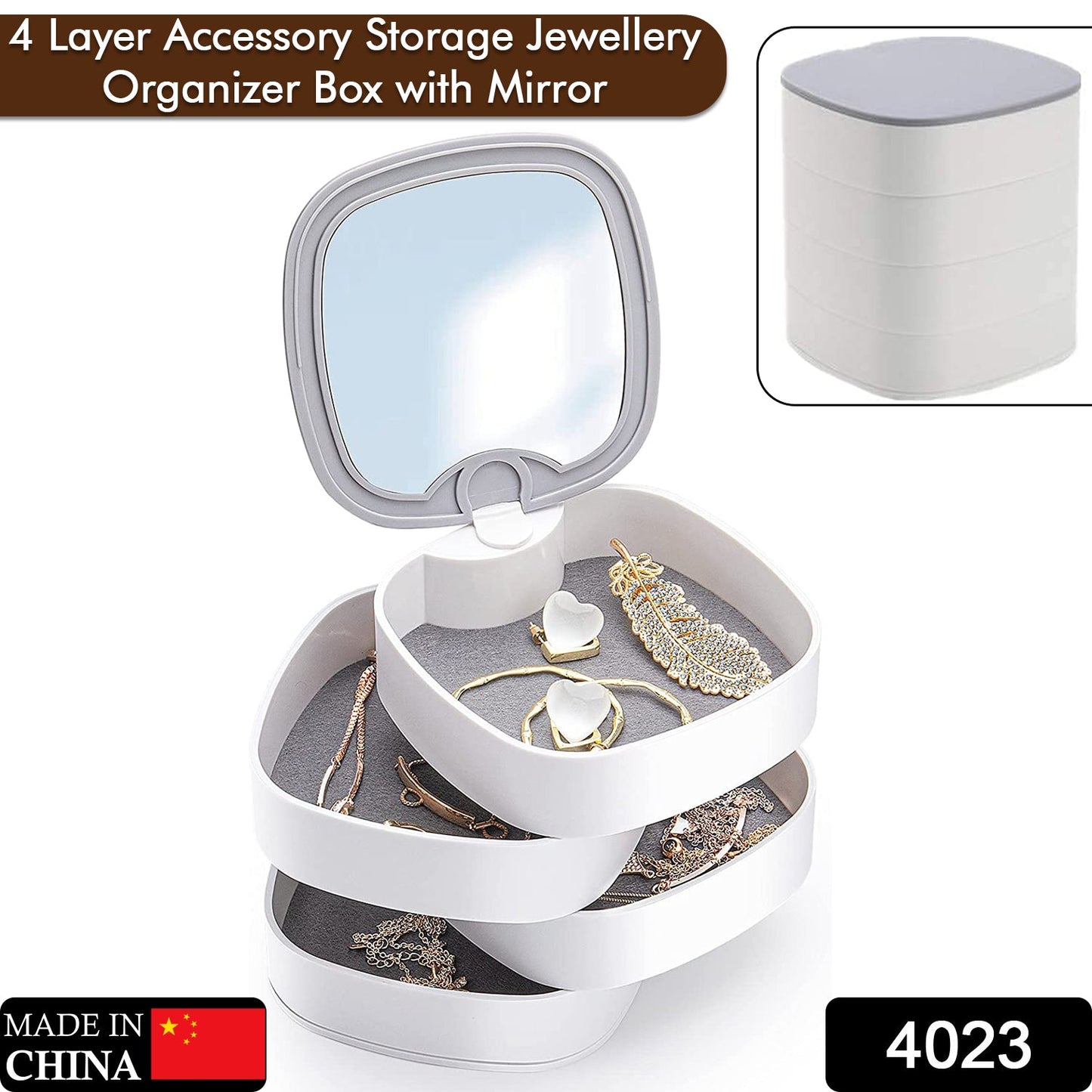 4023 4 Layers Jewellery Box, 360 Degree Rotating Jewelry Box, Jewelry and Earring Organizer Box with Mirror, Accessory Storage Box (Multicolor) DeoDap