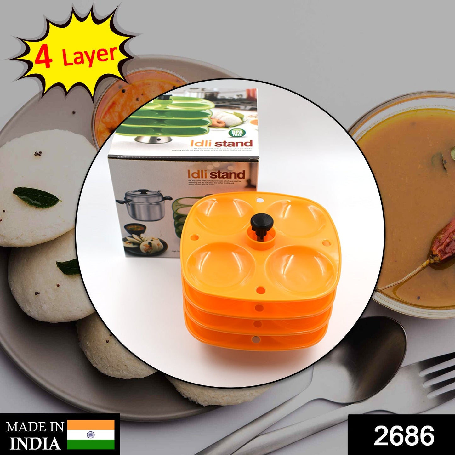 2686 4 Layer Idli Stand used in all kinds of household kitchen purposes for holding and serving idlis. DeoDap