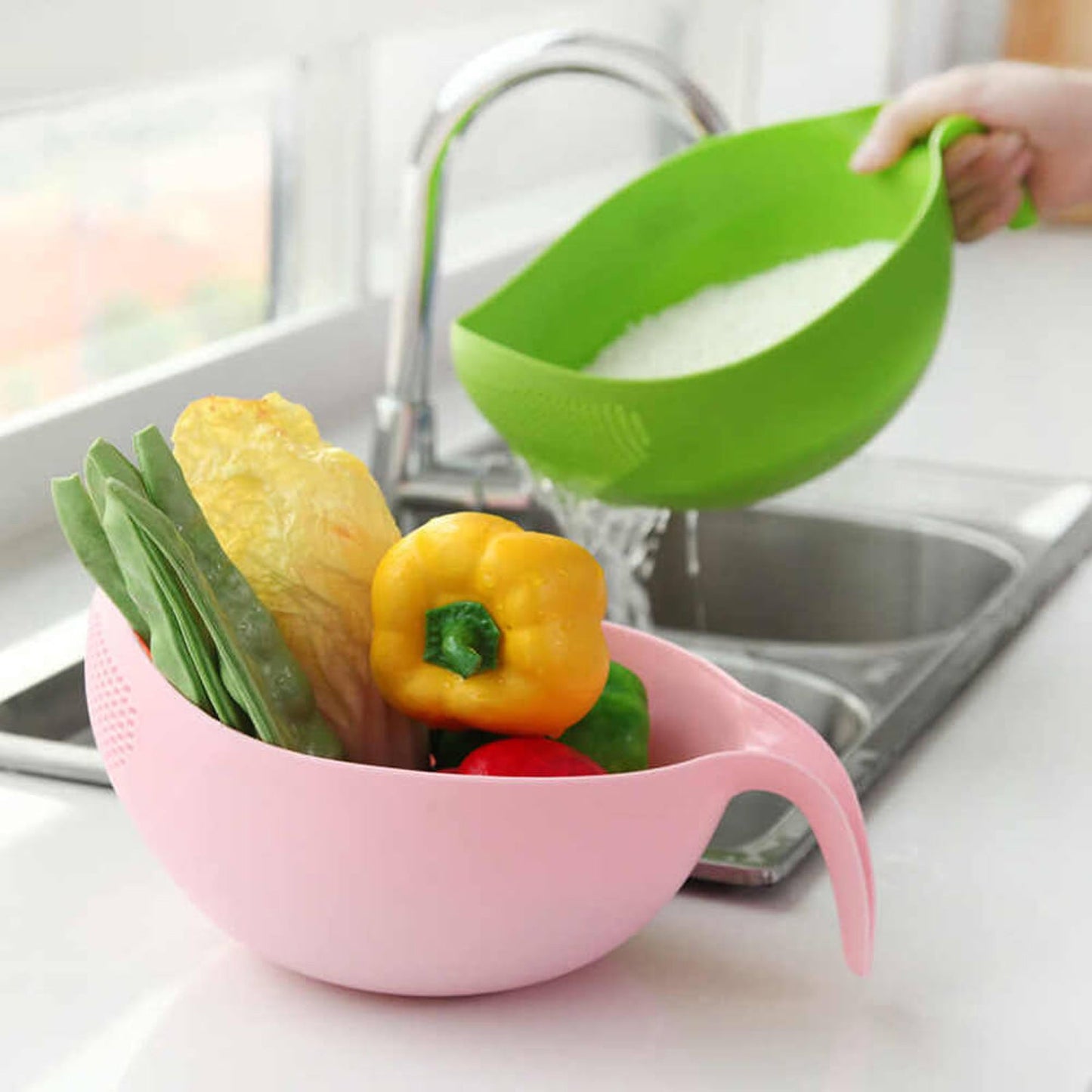2014 Plastic Rice Bowl/Food Strainer Thick Drain Basket with Handle for Rice, Vegetable & Fruit. (1Pc) DeoDap