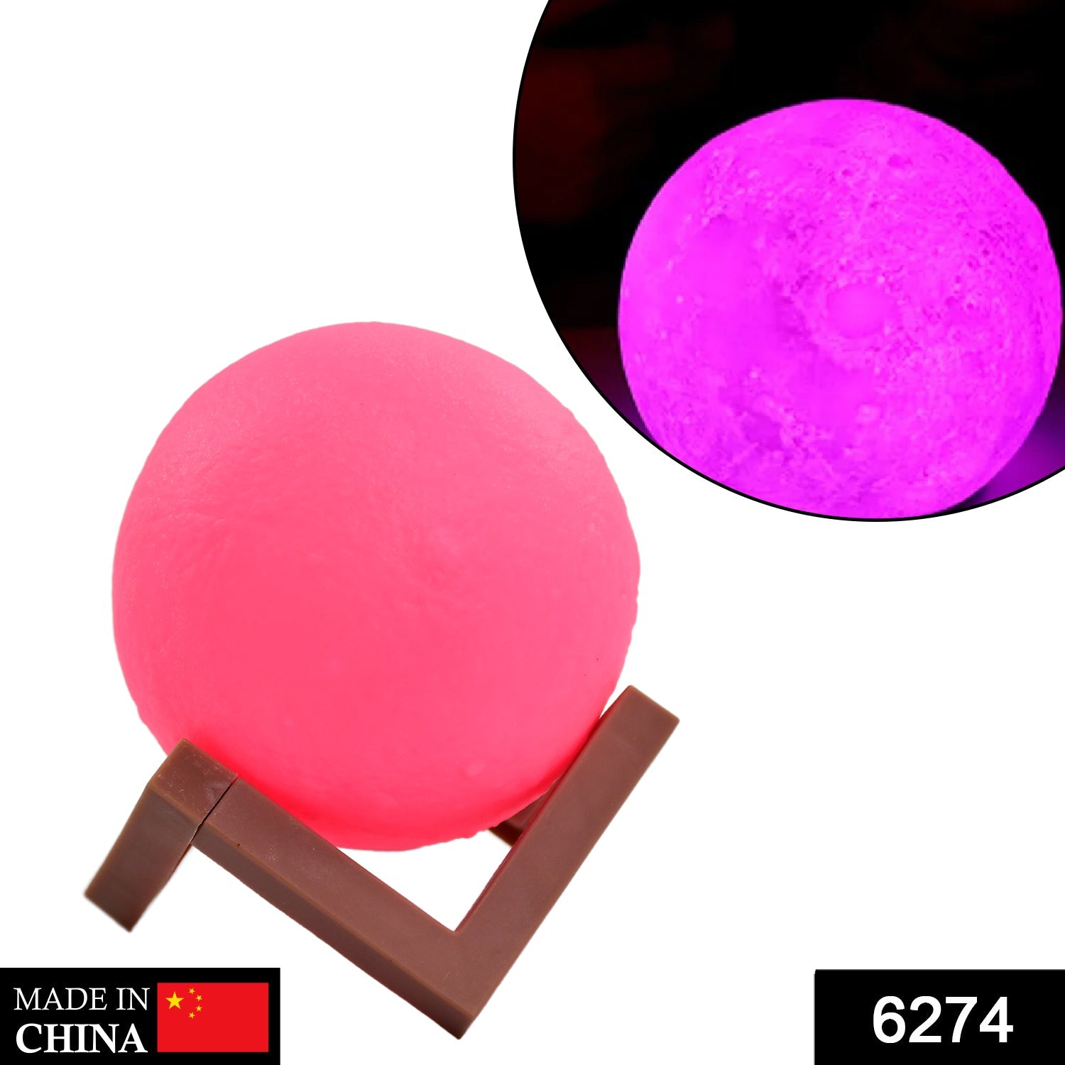 6274 Moon Night Lamp Pink Color with Wooden Stand Night Lamp for Bedroom DeoDap
